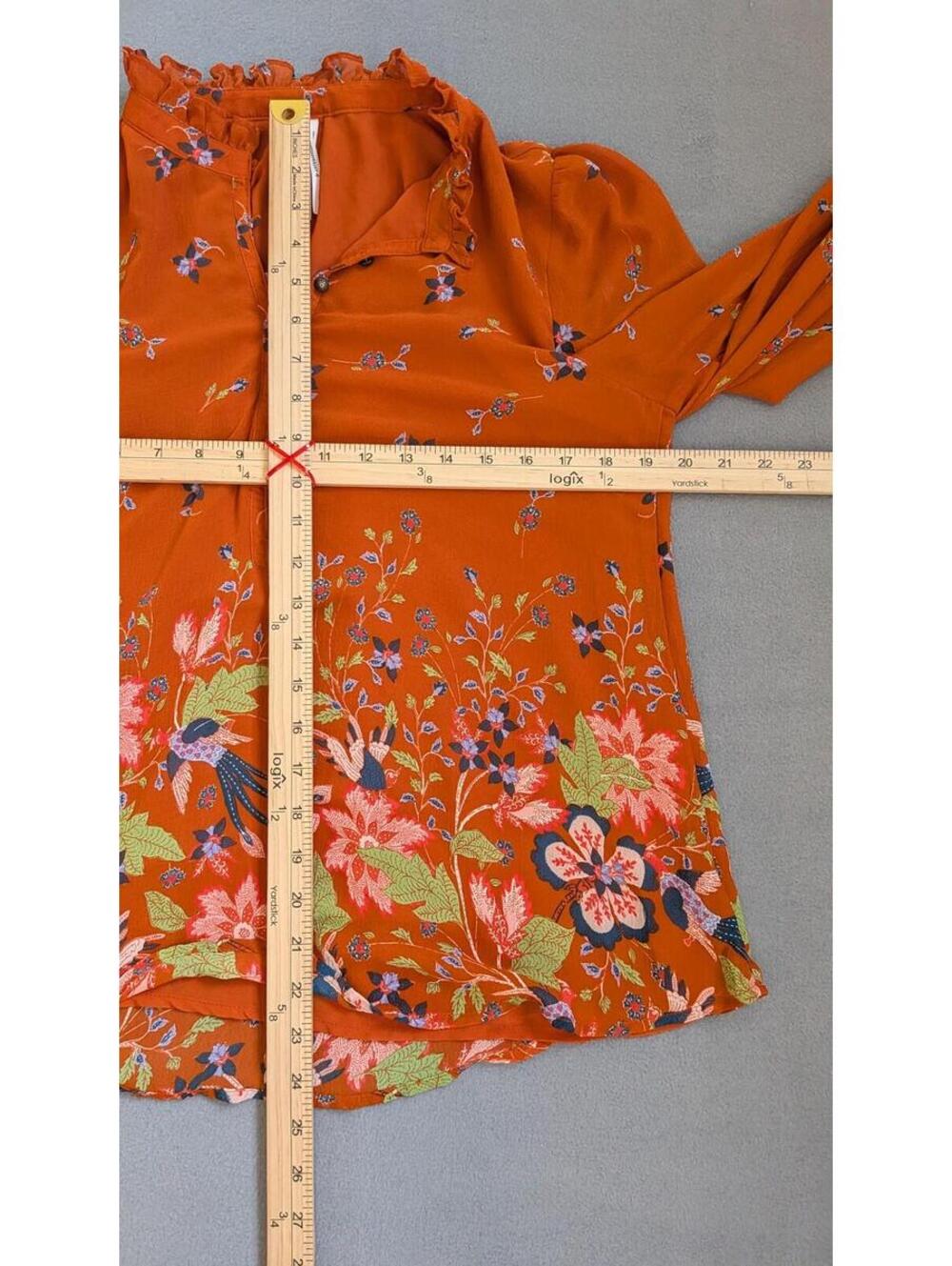 Anthropologie Blouse Womens M Orange Floral Ruffle Henley Long Sleeve Tunic Top - Picture 6 of 9